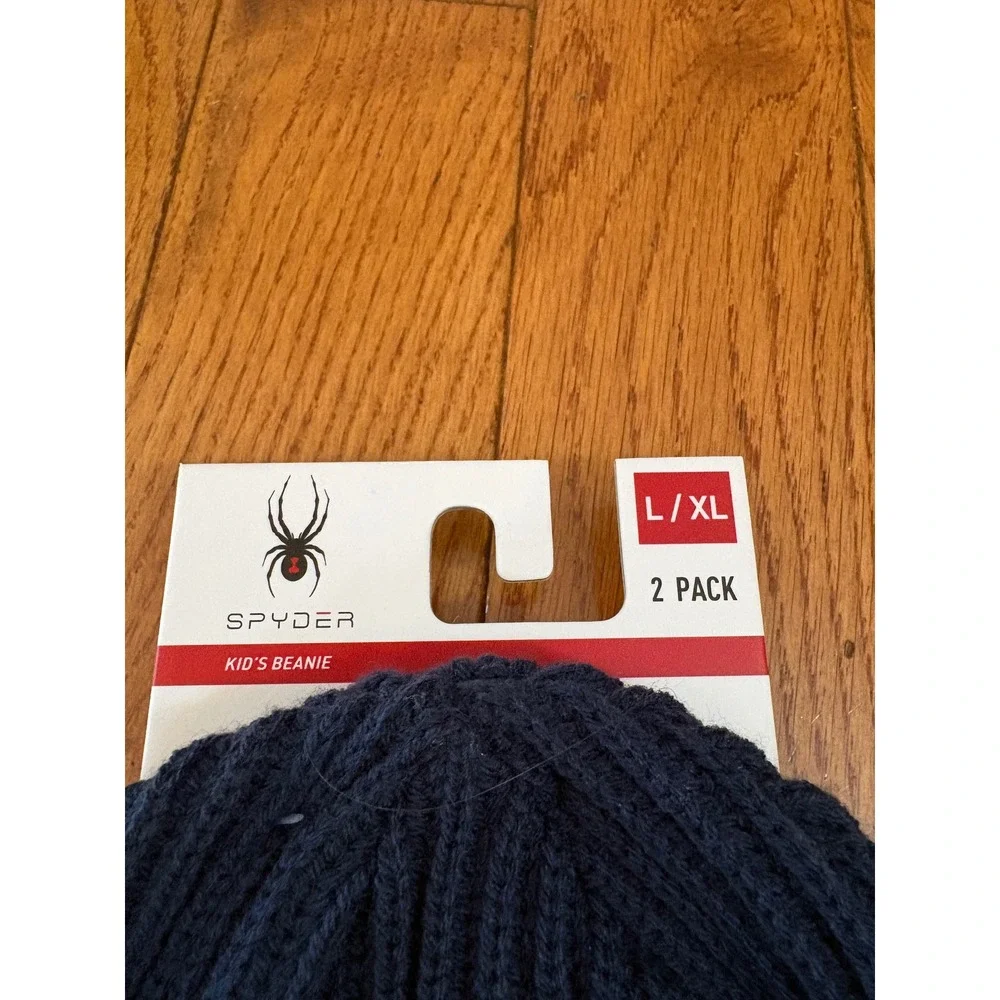 Spyder Kids Beanie 2 Pack Navy Blue Grey Ribbed Knit‎ Hat L/XL OBSP945 NEW $44